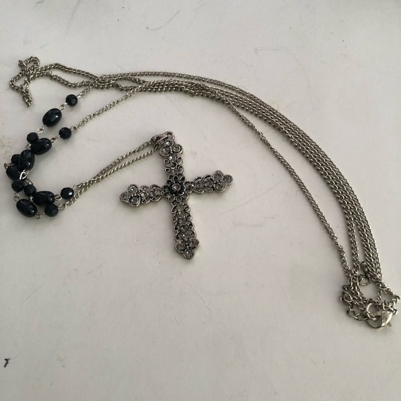 Silver Cross Pendant Necklace with Black Beads - Picture 6 of 9